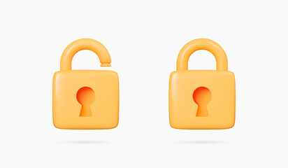 3D Closed and open yellow padlock icon set. Data protection and security concept. Lock with password. Privacy and encryption. Cartoon creative design icons. 3D Vector illustration