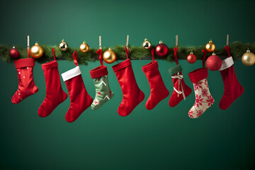 Hanging Christmas stockings filled with gifts on green background