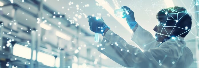 Scientist conducting experiment in modern laboratory with scientific network overlay