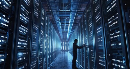 Technician working in a large data center managing server racks