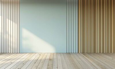 Minimalist wall with vertical slats in a modern interior space with wooden flooring and natural lighting
