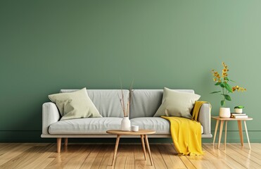 Modern living room with grey sofa, yellow throw blanket, and green walls