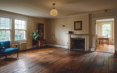 Obraz premium Spacious empty living room with vintage furniture and wooden flooring