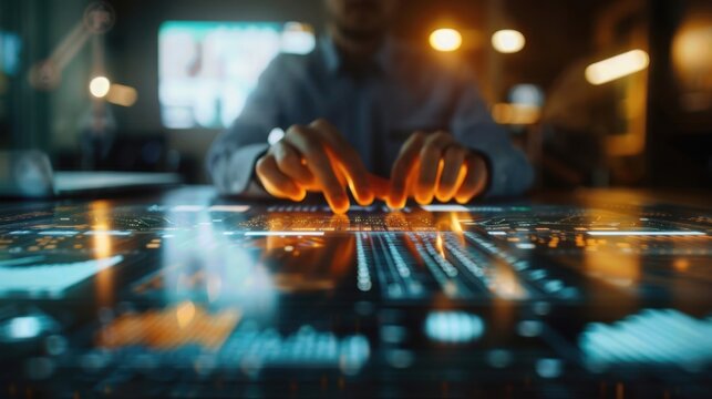 Person working on a futuristic virtual interface, depicting technology and innovation in a modern workspace with neon lights.