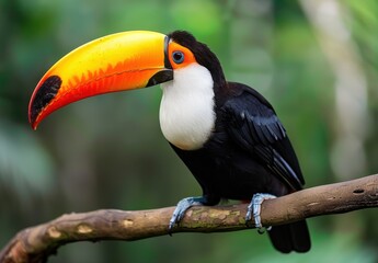 toucan perched on a branch in an exotic rainforest, its bright orange beak contrasting with black feathers and white head Generative AI