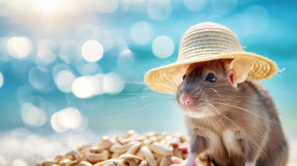 Cute little rat in a straw hat with a wide brim sitting on the beach against a background of blue sea water and a golden shore, with copy space concept