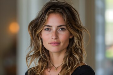 Woman With Brown Hair And Black Top Posing In Front Of Window