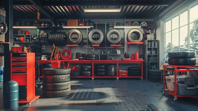 Bright garage with window, organized workspace with tools and supplies on shelves and cabinets. Tires stacked, cart for car maintenance.