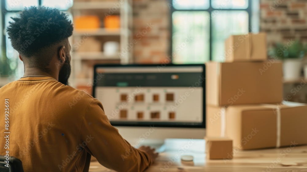 Wall mural man working on a computer in a home office with online shopping website on screen and cardboard boxe