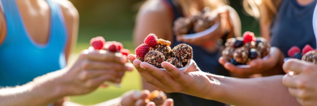 A group of athletes fueling up before a big game grabbing energy balls made with dried fruit nuts and buckwheat providing a boost of protein and carbs.