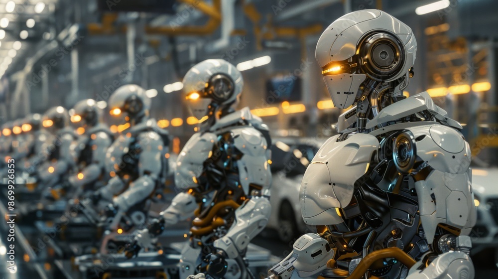 Aufkleber A line of white robots stands in a factory setting, their metallic bodies gleaming under bright lights. The robots appear to be working in unison, their movements precise and efficient.