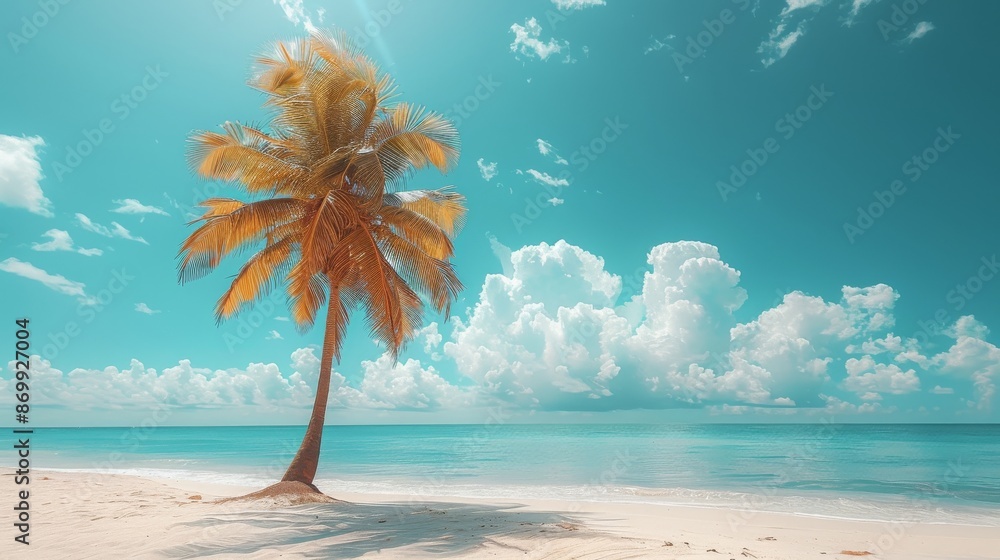 Sticker Background of white clouds and blue sky with palm trees on tropical beach.