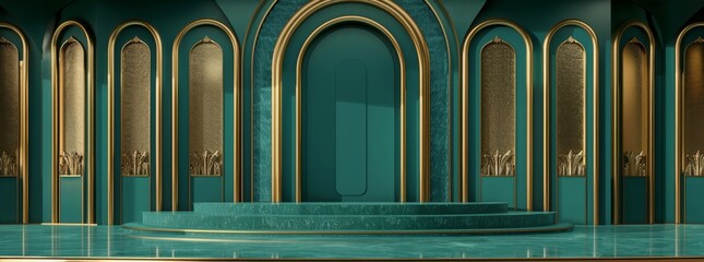 Obraz premium The serene and sophisticated architectural design is accentuated by a tranquil green background, showcasing a sleek podium surrounded by three elegant arches, creating a peaceful atmosphere