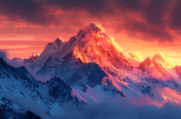 Obraz premium Majestic mountain range with snow-covered peaks at sunset.