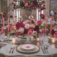 An exquisite photo of a beautifully decorated table, set for a luxurious dining experience. The table is adorned with a vibrant floral centerpiece, featuring an array of fresh flowers in various shade
