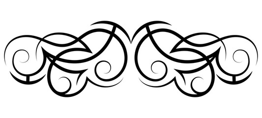 Neo abstract tribal tattoo. Horizontal black shoulder tattoo. Cyber sigilism style hand drawn ornament. Celtic gothic body ornament shape. Maori curl ethnic figure isolated on white background