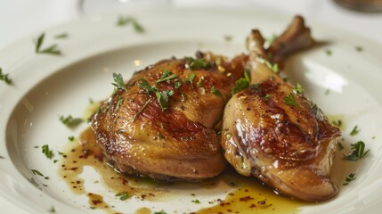 Two Roasted Chicken Legs on a White Plate With Herbs and Gravy