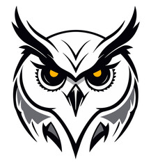 Owl black and white with yellow eyes isolated logo or symbol. Can be used as emblem or mascot for sports or other products.