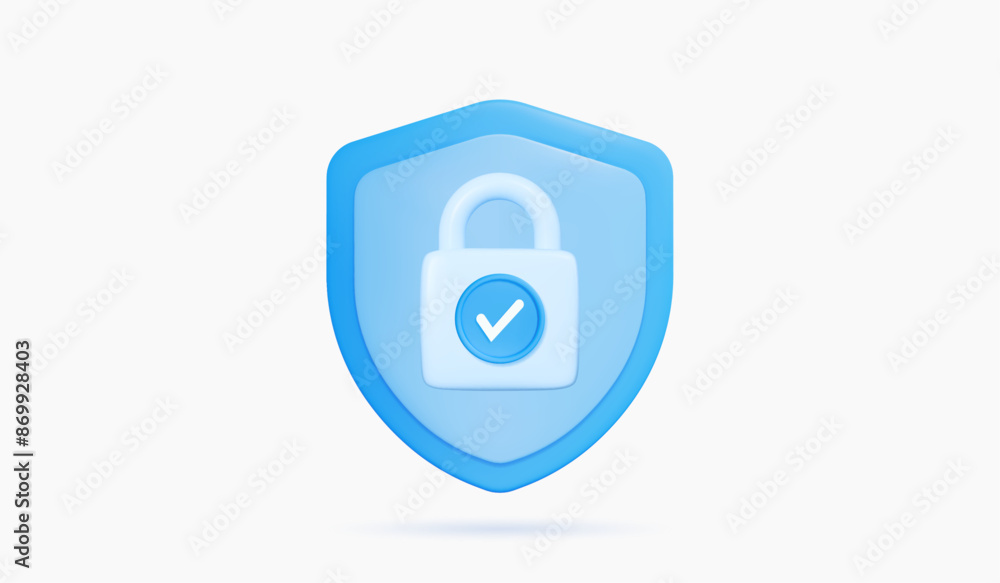 Poster 3d shield with blue padlock and check mark. online security and cyber protection concept. data, acco