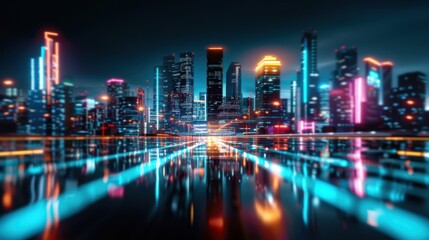Fototapeta premium Futuristic neon-lit cityscape with skyscrapers reflecting on wet pavements, creating a vibrant and dynamic urban scene at night.