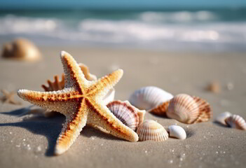 Starfish and Shells on the Beach for Summer Background