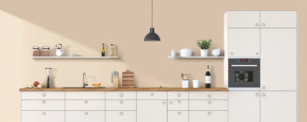 Modern kitchen with white cabinets, wooden countertops, and various kitchen essentials