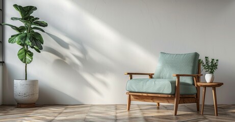 Modern minimalist interior with wooden armchair, small table, and houseplants in sunlight