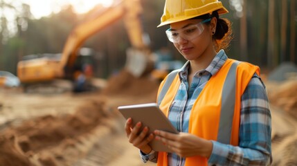 Female construction worker using a tablet at a building site, wearing safety gear and hard hat, focused on digital blueprint on a sunny day.