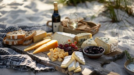 A platter of charerie and artisanal cheeses adorns a blanket spread on the soft powdery sand.