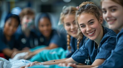Group of medical students practicing CPR, including chest compressions and bag valve mask ventilation in a healthcare simulation center. Female students undergoing clinical training in medical school.