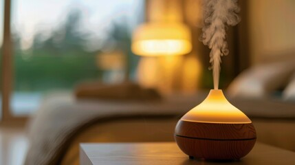 Elegant essential oil diffuser releasing aromatic steam in a cozy bedroom setting with soft lighting, enhancing relaxation and ambiance.
