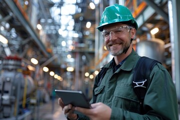 Portrait of smiling male refinery technician in uniform, safety hard hat and protective goggles. Mature Caucasian man uses a digital tablet to control settings of technological equipment.
