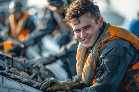 Military technicians check and prepare a fighter jet for flight on the deck of an aircraft carrier. Specialists and technical personnel check components and assemblies and refuel the aircraft.