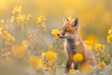 A fox cub sitting calmly among tall yellow flowers, with a soft focus background that enhances the gentle atmosphere