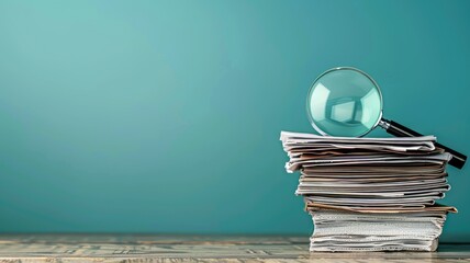 Magnifying glass on stacked documents wooden table