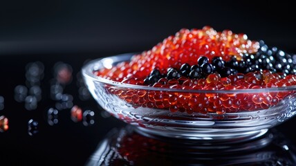 Glass bowl of red and black caviar on reflective surface