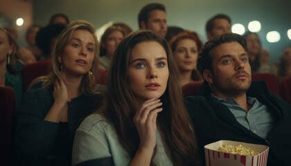 Fototapeta premium In the dimly lit movie theater, a young woman with long brown hair is seated in a dark blue seat, her gaze directed off into the distance as if she's deep in thought She's wearing a light purple