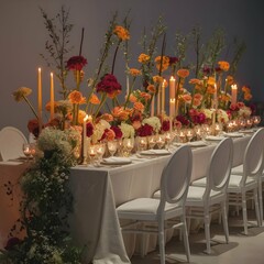 A stunning photo capturing a beautifully decorated table for a special event. The table is adorned with elegant white tablecloth and matching chairs, giving it a sophisticated and clean aesthetic.