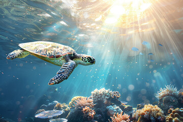 Fototapeta premium A serene underwater scene featuring a sea turtle swimming near vibrant coral reefs with sun rays penetrating the water surface.