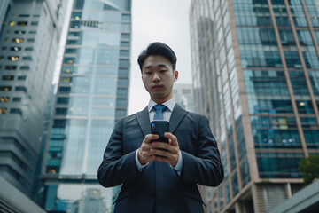 Fototapeta premium Businessman in a suit using a smartphone, standing in front of modern skyscrapers, conveying concepts of communication and corporate life.