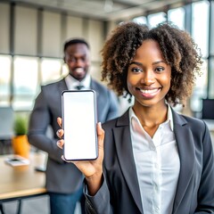 black woman female showing copy space, person blank mobile empty mockup photography holding smart phone