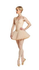 Naklejka premium Graceful ballerina in beige tutu performing on pointe shoes on a transparent background