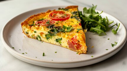 A Slice of Tomato and Spinach Quiche on a White Plate