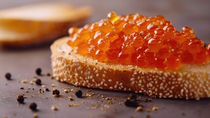 Close-up of sesame bread slice topped with red caviar
