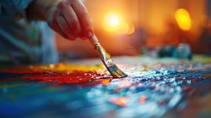 Obraz premium Close-up of an artist's hand painting with vibrant colors on canvas in a warm lit studio. Creativity and artistic expression in progress.