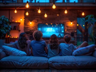 Fototapeta premium Back view of a family watching TV together in a cozy room