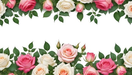 Naklejka premium Pink and white roses with green leaves background with copy space 