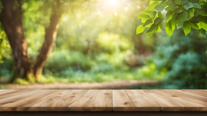 A wooden table with a view of a lush green forest