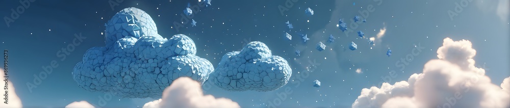 Wall mural blue cloud computing concept floating in the sky with a network on top of it, technology and cloud c