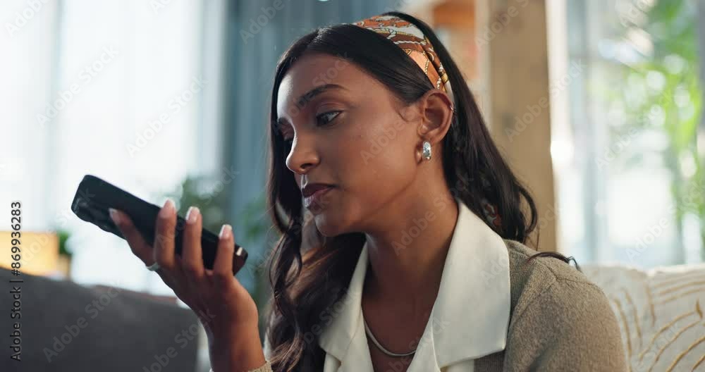 Poster home, woman and chat for voice note on smartphone on social media for communication and networking. 